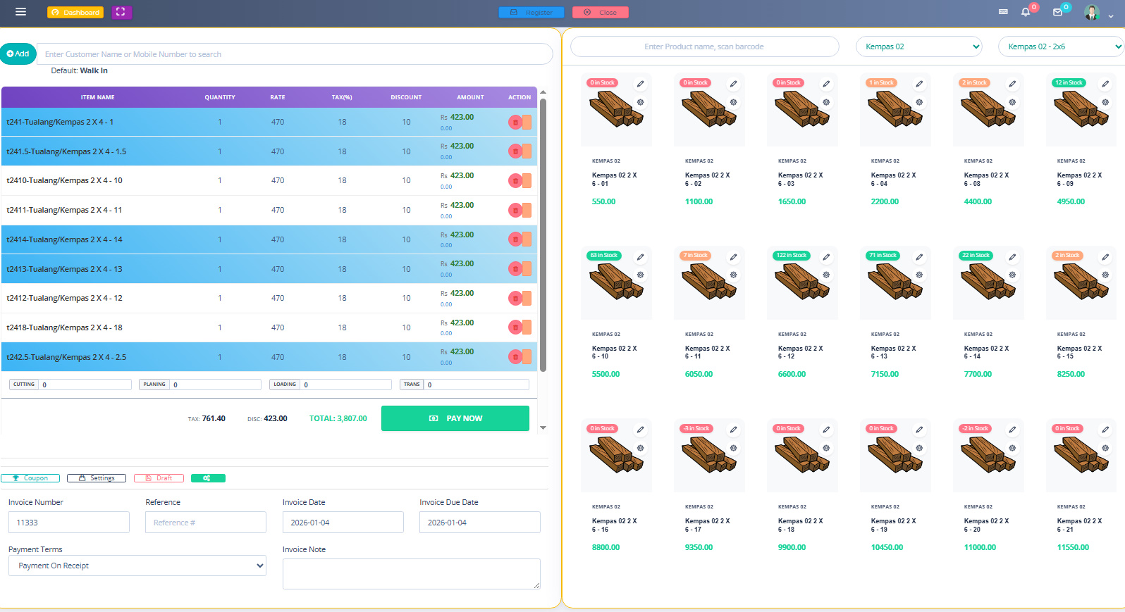 TimberPro POS interface showing point-of-sale system with timber inventory management and sales processing
