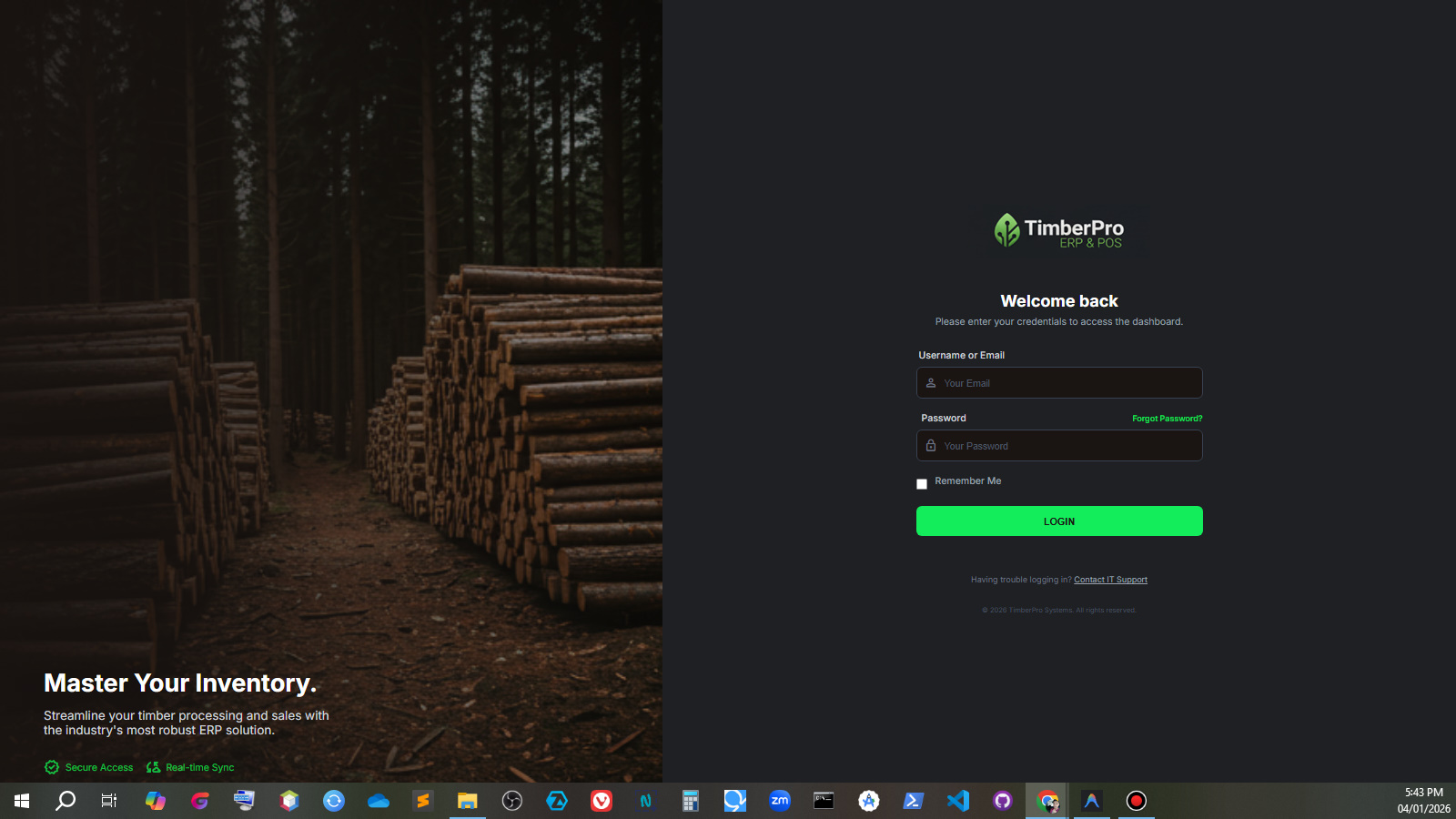 TimberPro secure login page displayed on desktop computer showing modern authentication interface with email and password fields
